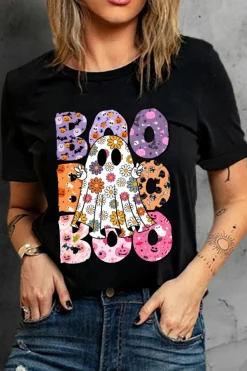 Online Dear-Lover BOO Floral Ghost Print Crew Neck Halloween T Shirt Black