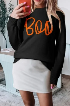 Online Dear-Lover Boo Knitted Pattern Ribbed Edge Drop Shoulder Sweater Black