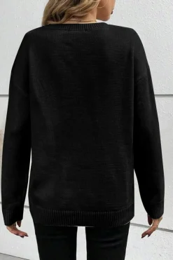 Online Dear-Lover Boo Knitted Pattern Ribbed Edge Drop Shoulder Sweater Black