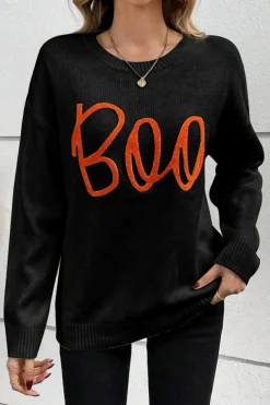Online Dear-Lover Boo Knitted Pattern Ribbed Edge Drop Shoulder Sweater Black