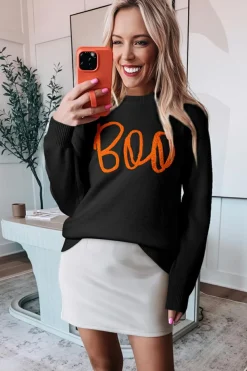 Online Dear-Lover Boo Knitted Pattern Ribbed Edge Drop Shoulder Sweater Black