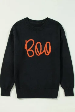 Online Dear-Lover Boo Knitted Pattern Ribbed Edge Drop Shoulder Sweater Black