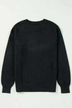 Online Dear-Lover Boo Knitted Pattern Ribbed Edge Drop Shoulder Sweater Black