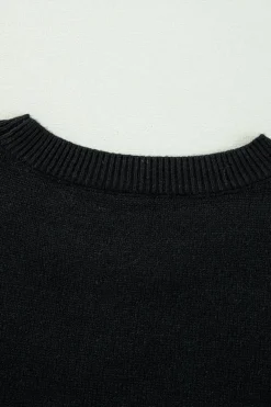 Online Dear-Lover Boo Knitted Pattern Ribbed Edge Drop Shoulder Sweater Black