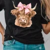 Clearance Dear-Lover Bow Cow Head Graphic Western Fashion T Shirt Black