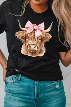 Clearance Dear-Lover Bow Cow Head Graphic Western Fashion T Shirt Black