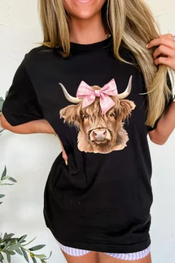 Clearance Dear-Lover Bow Cow Head Graphic Western Fashion T Shirt Black