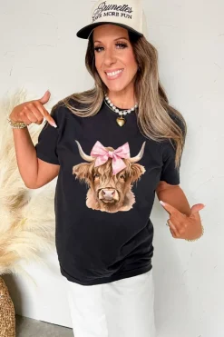 Clearance Dear-Lover Bow Cow Head Graphic Western Fashion T Shirt Black