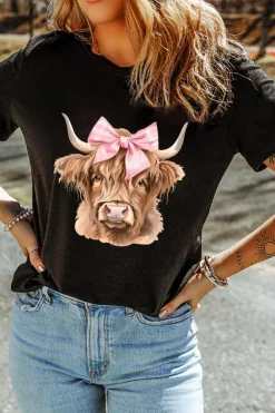 Clearance Dear-Lover Bow Cow Head Graphic Western Fashion T Shirt Black