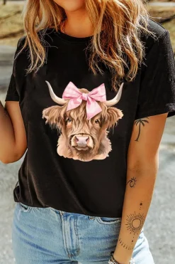 Clearance Dear-Lover Bow Cow Head Graphic Western Fashion T Shirt Black