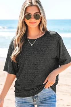 Clearance Dear-Lover Bow Decor Glittery Short Sleeve Top Black