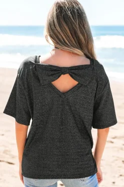 Clearance Dear-Lover Bow Decor Glittery Short Sleeve Top Black