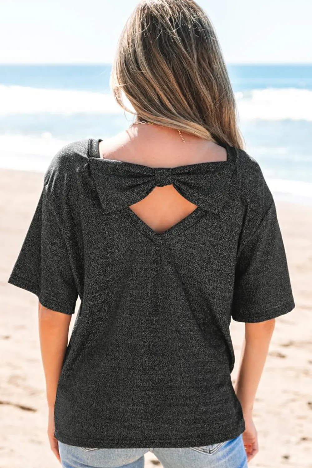 Clearance Dear-Lover Bow Decor Glittery Short Sleeve Top Black