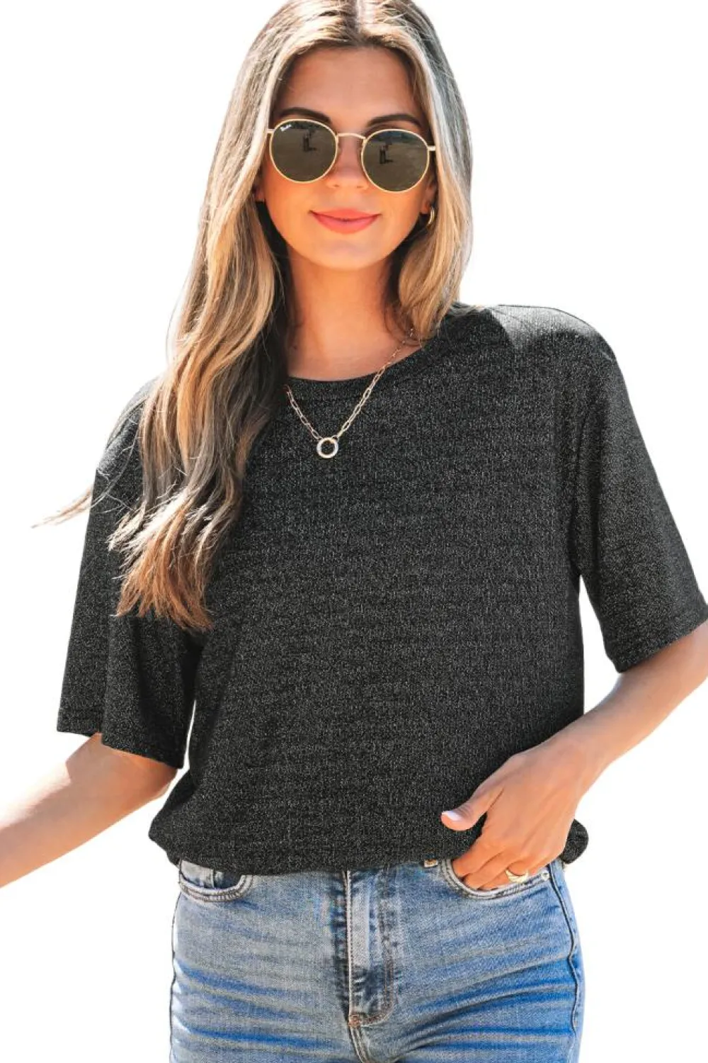 Clearance Dear-Lover Bow Decor Glittery Short Sleeve Top Black