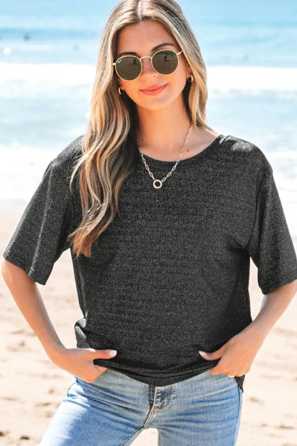 Clearance Dear-Lover Bow Decor Glittery Short Sleeve Top Black