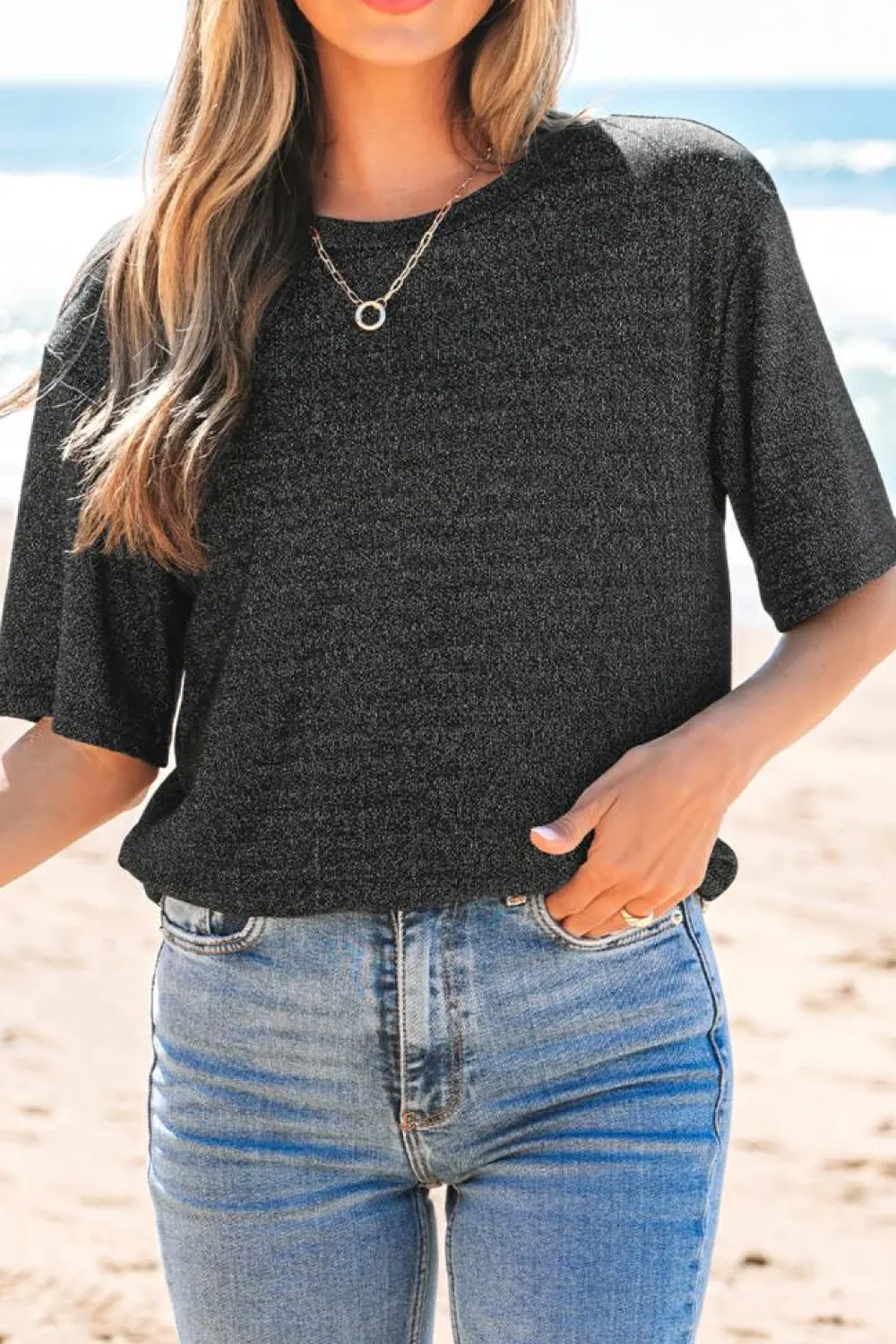 Clearance Dear-Lover Bow Decor Glittery Short Sleeve Top Black