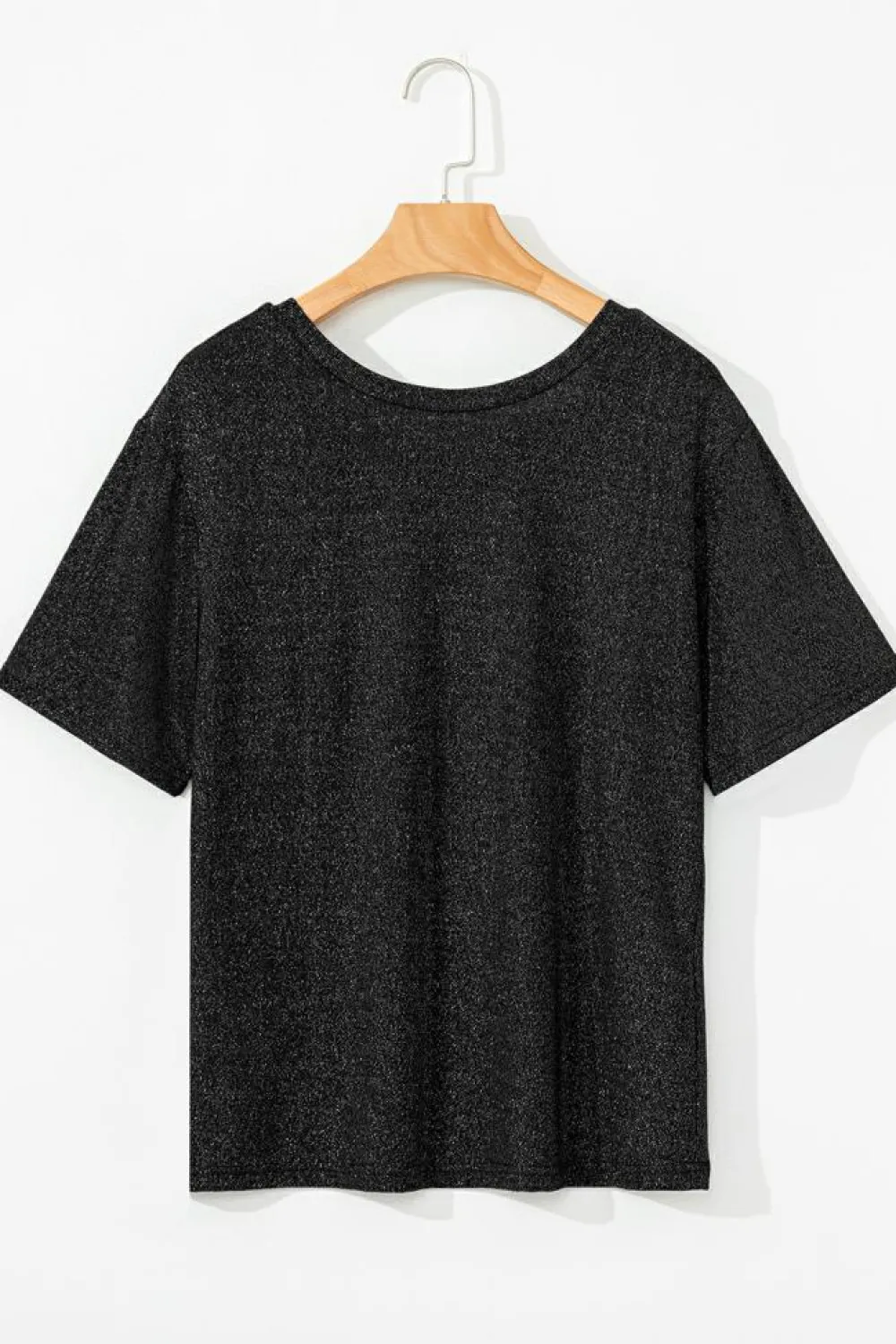 Clearance Dear-Lover Bow Decor Glittery Short Sleeve Top Black