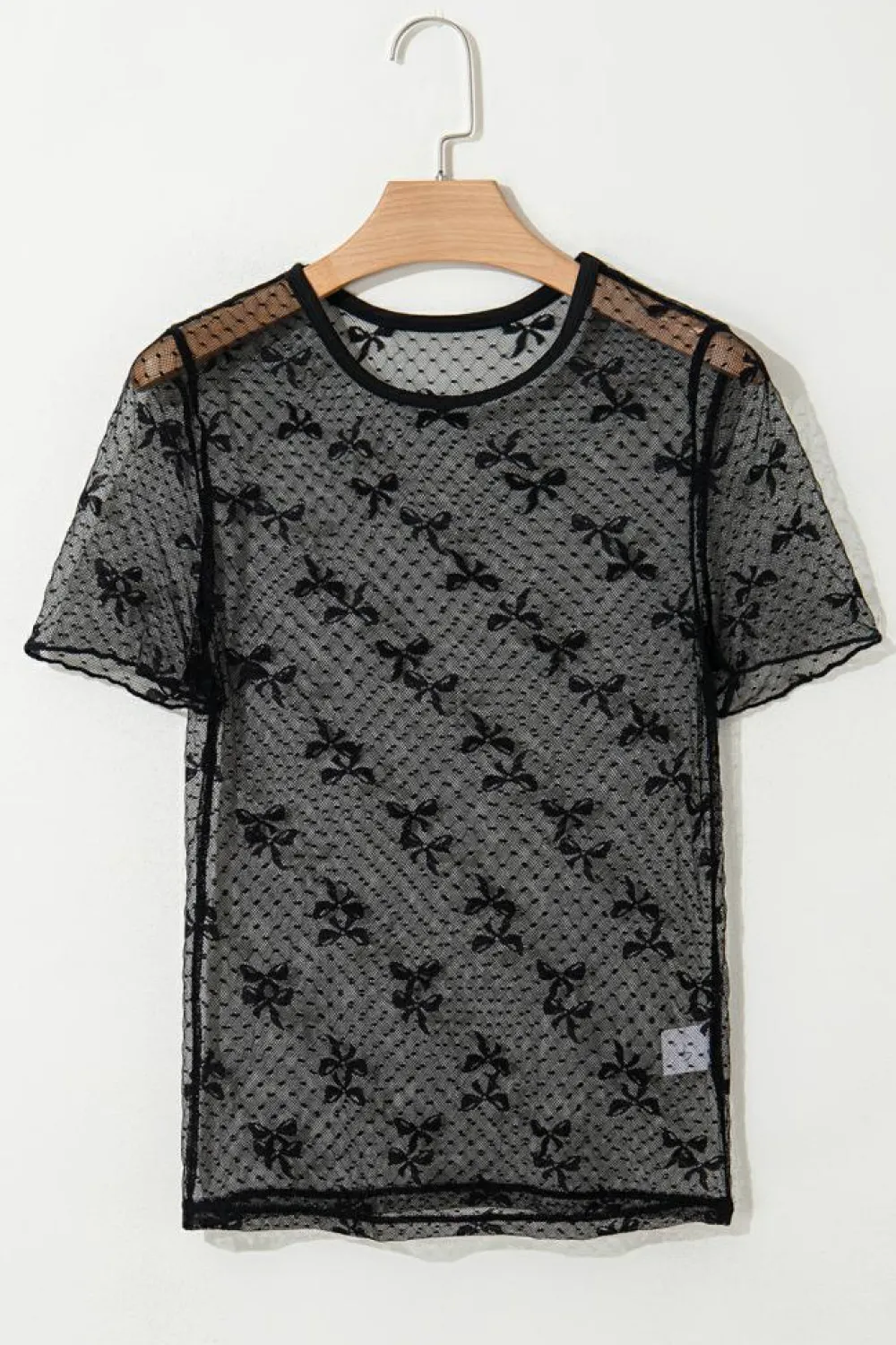 Online Dear-Lover Bow Knot Dotted See-through Mesh Patched Slim Fit Blouse Black