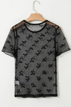 Online Dear-Lover Bow Knot Dotted See-through Mesh Patched Slim Fit Blouse Black
