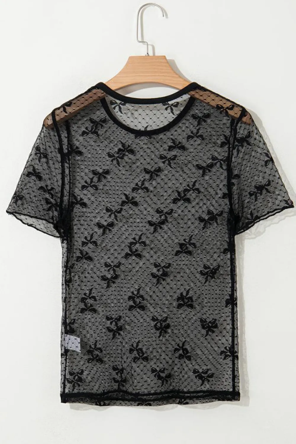 Online Dear-Lover Bow Knot Dotted See-through Mesh Patched Slim Fit Blouse Black