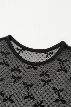 Online Dear-Lover Bow Knot Dotted See-through Mesh Patched Slim Fit Blouse Black