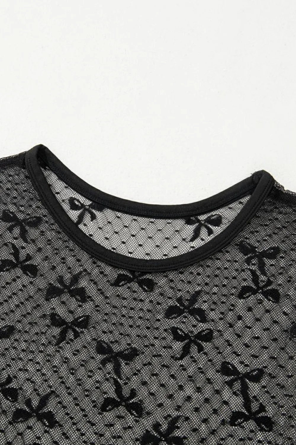 Online Dear-Lover Bow Knot Dotted See-through Mesh Patched Slim Fit Blouse Black