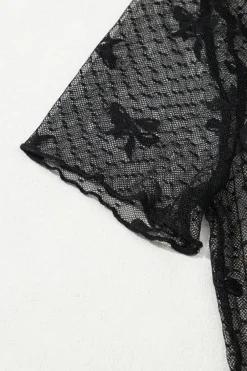 Online Dear-Lover Bow Knot Dotted See-through Mesh Patched Slim Fit Blouse Black