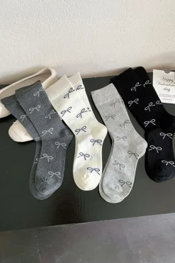 Discount Dear-Lover Bow Knot Print Ribbed Crew Socks Black