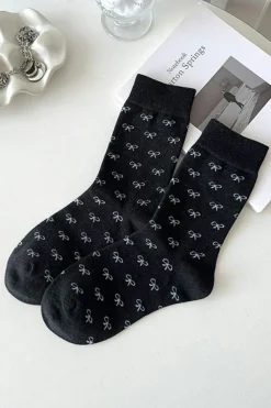 Fashion Dear-Lover Bow Knots Ribbed Edge Crew Socks Black
