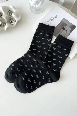 Fashion Dear-Lover Bow Knots Ribbed Edge Crew Socks Black