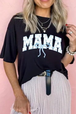 Clearance Dear-Lover Bow MAMA Graphic Loose Tee Black