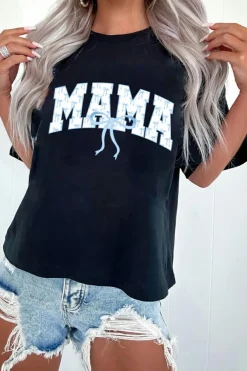 Clearance Dear-Lover Bow MAMA Graphic Loose Tee Black