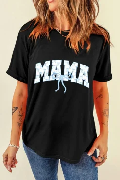 Clearance Dear-Lover Bow MAMA Graphic Loose Tee Black