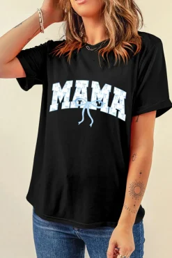 Clearance Dear-Lover Bow MAMA Graphic Loose Tee Black