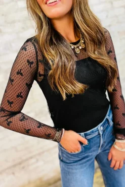 Fashion Dear-Lover Bow Pattern Accent Mesh Long Sleeve Top Black