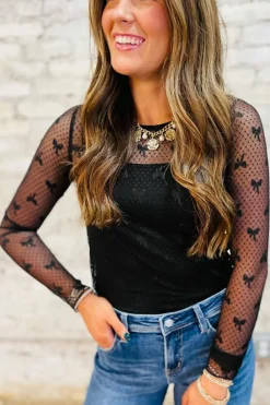 Fashion Dear-Lover Bow Pattern Accent Mesh Long Sleeve Top Black