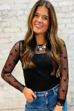 Fashion Dear-Lover Bow Pattern Accent Mesh Long Sleeve Top Black