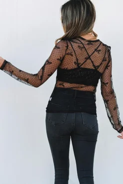 Fashion Dear-Lover Bow Pattern Accent Mesh Long Sleeve Top Black