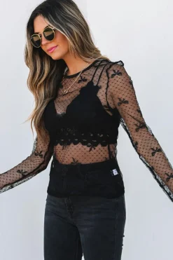 Fashion Dear-Lover Bow Pattern Accent Mesh Long Sleeve Top Black