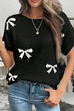 Fashion Dear-Lover Bow Pattern Knit Short Sleeve Sweater Black