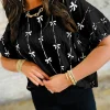 Online Dear-Lover Bow Print Puff Short Sleeve Top Black