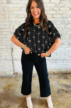 Online Dear-Lover Bow Print Puff Short Sleeve Top Black