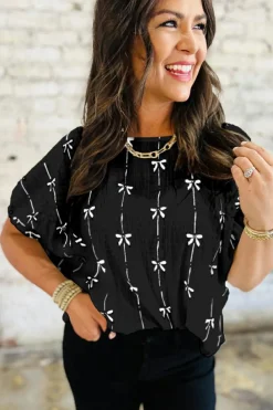 Online Dear-Lover Bow Print Puff Short Sleeve Top Black