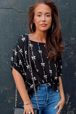 Online Dear-Lover Bow Print Puff Short Sleeve Top Black
