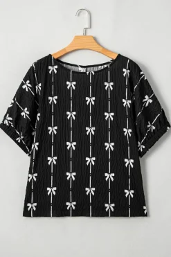 Online Dear-Lover Bow Print Puff Short Sleeve Top Black