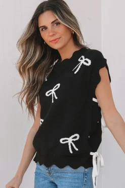Best Dear-Lover Bow Print Side Ties Scalloped Hem Sweater T Shirt Black