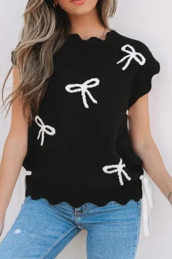Best Dear-Lover Bow Print Side Ties Scalloped Hem Sweater T Shirt Black