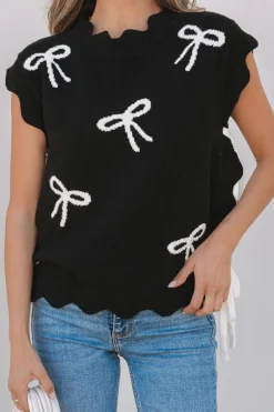 Best Dear-Lover Bow Print Side Ties Scalloped Hem Sweater T Shirt Black