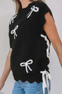 Best Dear-Lover Bow Print Side Ties Scalloped Hem Sweater T Shirt Black