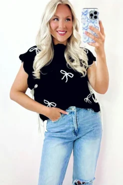 Best Dear-Lover Bow Print Side Ties Scalloped Hem Sweater T Shirt Black